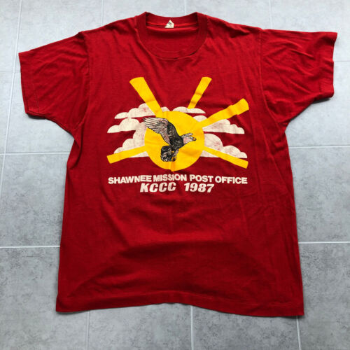Vintage Screen Stars Red Shawnee Misson Post Office Kccc 1987 T-Shirt Adult L - Foto 1 di 7