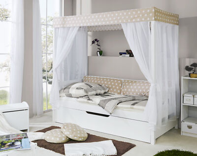 TiCAA Himmelbett ''Beige'' 310 Kiefer Weiß (Beige/Weiß Stern)