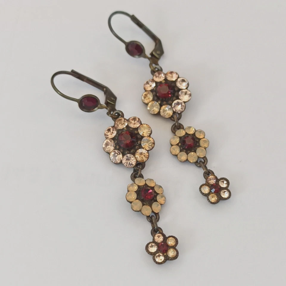 Pendientes Michal Negrin Beige Granate Cristales Largos Cóctel Graduado Borgoña Foto 4 de 4