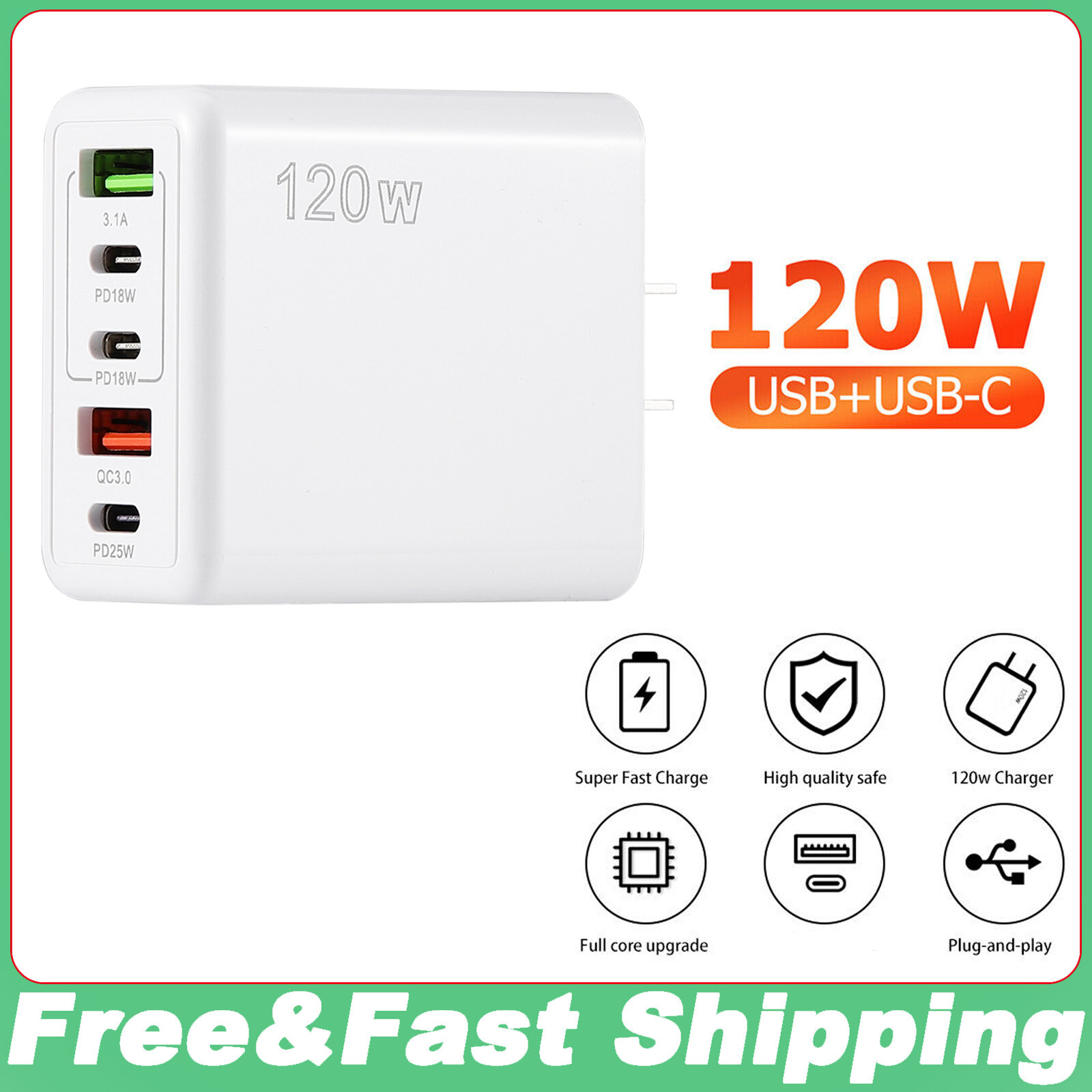 120W 5-Port PD & QC3.0 Fast Wall Charger for iPhone Samsung Galaxy
