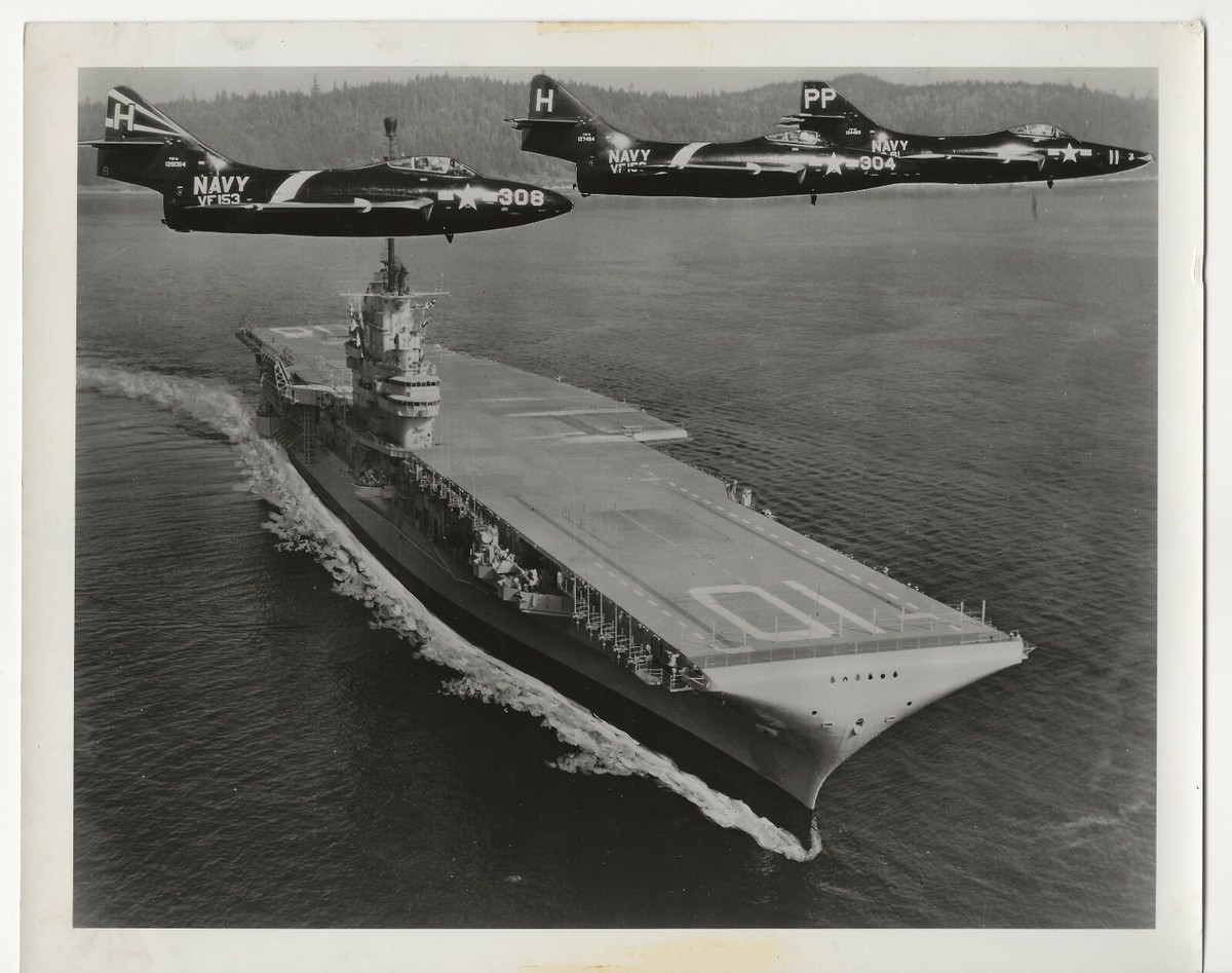 Navy U.S.S. Yorktown CV-10 aircraft carrier, jets flyover