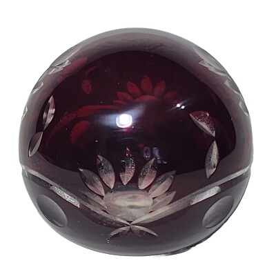 Vintage Glass Round DEEP RUBY Cut Orb Ball PAPERWEIGHT Decor Sunburst Flowers