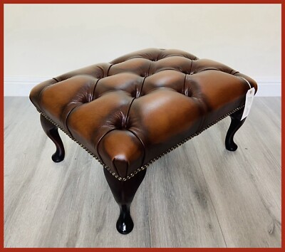 Chesterfield Queen Anne geknöpfter brauner Fußhocker aus echtem Leder