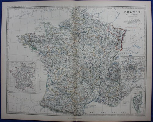 FRANKREICH, PARIS, KORSIKA, große original antike Landkarte, Johnston, 1871 - Bild 1 von 6