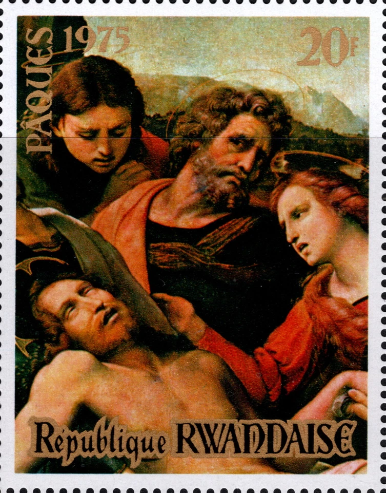 RWANDA 1975 PÁSCOA POR RAPHAEL-THE DEPOSITION PINTURA, FOLHA DE LEMBRANÇA SC 624 MNH - Imagem 2 de 3