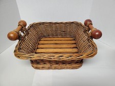Woven Wicker Basket With Wood Slat Bottom  Wood Handles Early 90's