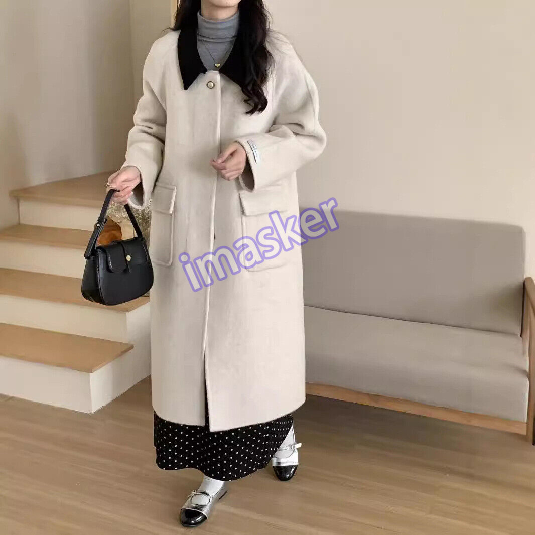 Fall Winter Womens Korean Style Over The Knee Long Wool Coats Collared Jackets
