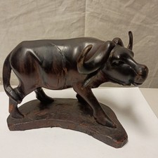 Vintage Hand-Carved Wooden Water Buffalo Sculpture Polished Wood 8" Long Rare