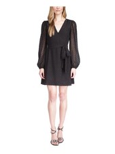 MICHAEL MICHAEL KORS Womens Black Lined Tie Long Sleeve Short Wrap Dress XXS