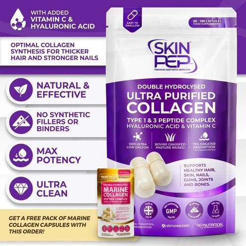Hydrolysed Collagen Capsules | Max Strength 1000mg | Hair, Skin, Nails | SkinPep