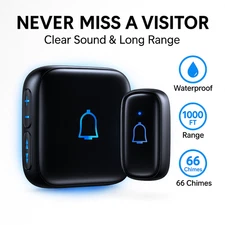 Wireless Doorbell Waterproof 1000FT Range 66 Chimes 7 Volume Levels LED for Home