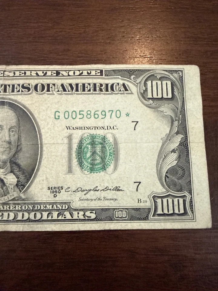 1950 D Series $100 Dollar Bill ⭐️ Star Note Off Center Cut Error Leading 0’s - Image 3 of 4