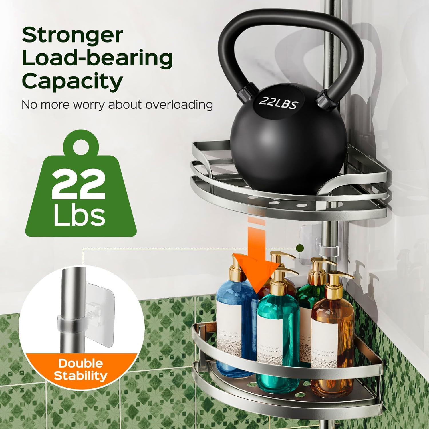 Shower Caddy Tension Pole：4-Tier Rustproof Bathroom Corner Shelf for Renters - 4