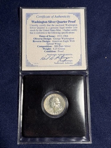 1964 Washington Silver Quarter Proof 90% Silver With Case And COA