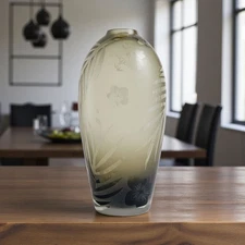 Michael Weems Signed Etched Art Glass Vase 2006 Green Floral 10" Tall