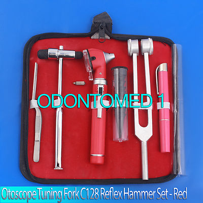 LED FIBER OPTIC Otoscope Tuning Fork C128 Reflex Hammer Diagnostic ENT SET-RED