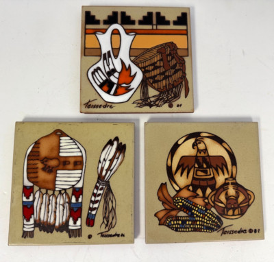LOT x3 Cleo Teissedre Ceramic Tiles 6x6  Wall  Art Native Indian Vintage '80's