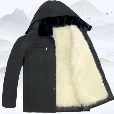 Mens Real Wool Lamb Fur Lined Coat Parka Thicken Winter Warm Overcoat Hooded New