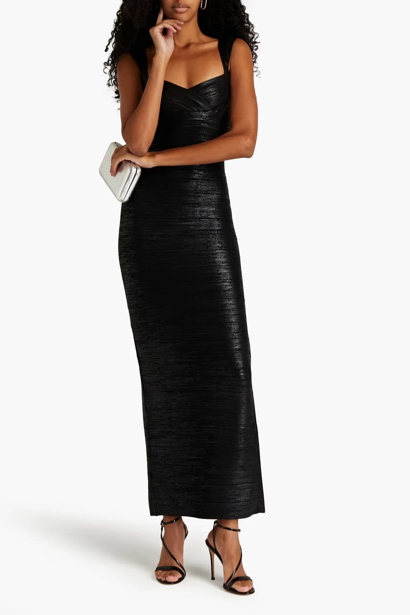 BNWT HERVÉ LÉGER Black Foil Metallic Bandage Gown in Size L - MSRP $1,590.00