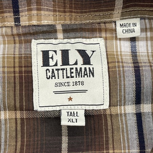 Ely Cattleman Shirt Men XLT Brown Plaid Western Short Sleeve Pearl Snap Sawtooth - Picture 2 of 15