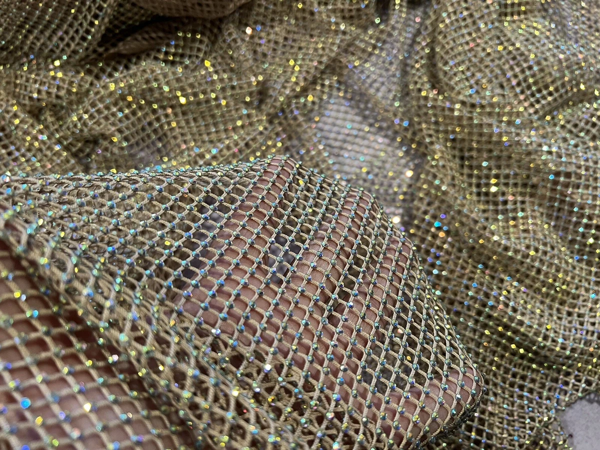 Crystal rhinestones On Gold stretch mesh fabric 48” width sold by