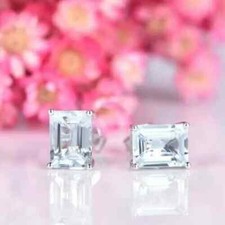 14K White Gold Plated 3Ct Emerald Lab-Created Aquamarine Diamond Stud Earrings