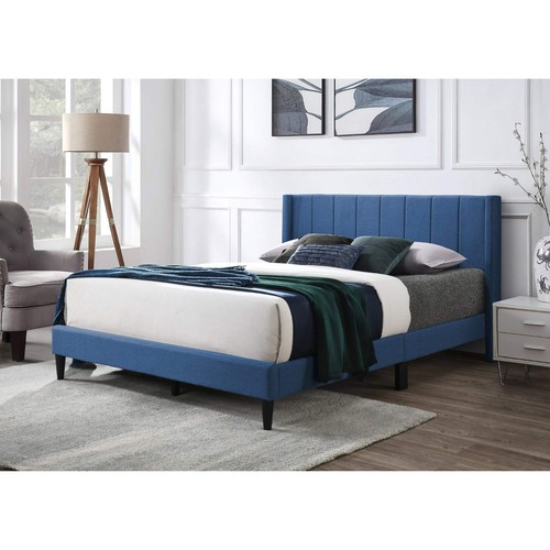 Samson King Bed Winged Headboard Fabric Upholstered - Blue - Picture 2 of 6