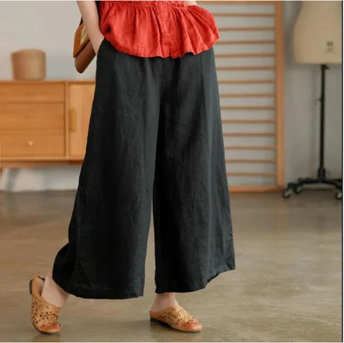 Sommer Damen Lockere Leinenhose Weites Bein Flachs Cropped Freizeit Komfort Hose  - Bild 2 von 20