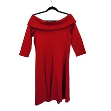 Boston Proper Dress M Red Off Shoulder 3/4 Sleeve Tea Length Fit & Flare Stretch
