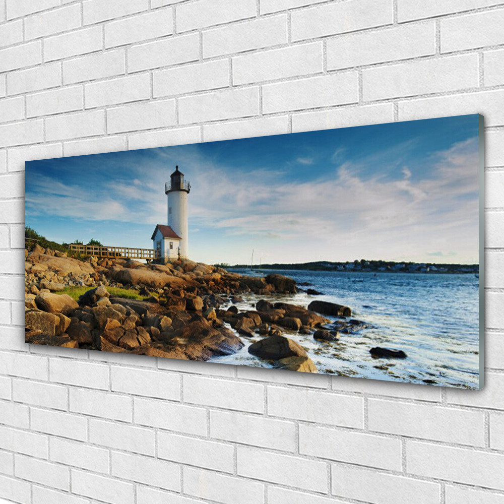 Paysage de mer avec phare sur tableau en verre pour salon moderne