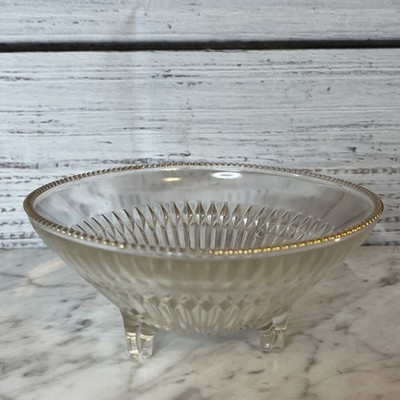 Jeannette Glass Bowl Gold Bead Edge Clear Ribbed Footed Candy Dish
