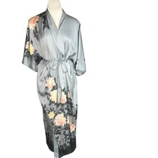 Old Shanghai Kimono Robe Vintage Asian Gray Floral One Size