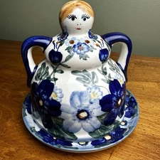 Polish Pottery Boleslawiec  WR UNIKAT Cheese Lady Butter Dish Signed 