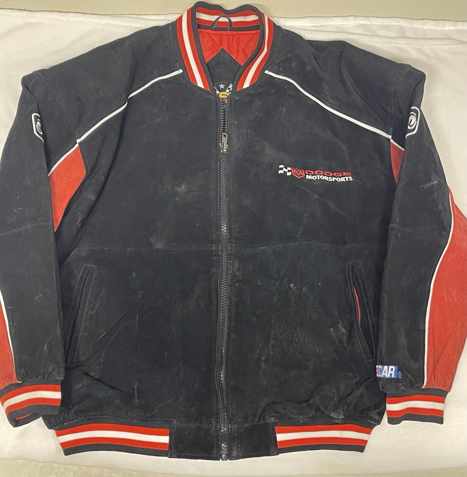 Essex Vintage Nascar Dodge Leather Suede Bomber Jacket Size Large Racing Motors