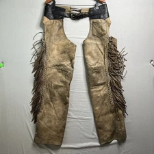 Hudson Leather Medium Tan Brown Western Concho Fringe Chaps Zipper Button Riding
