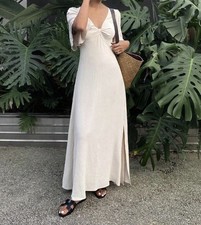 Shein Women's Cream Long Dress with Center-Front Twist Short Sleeves Size m