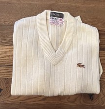 Vintage 70s Izod Lacoste Boy's Sweater Cream Ribbed Knit Size 18 Blue Alligator