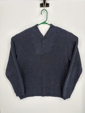 Eddie Bauer Vintage Sweater Men's Large Tall Navy Blue Cotton Rib Knit Henley LT