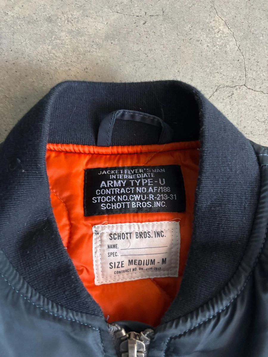 Chaqueta de vuelo de bombardero Schott NYC MA-1 azul marino parches de aviación militar naranja