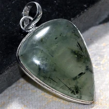 925 Silver Plated Moss Prehnite Ethnic Pendant Handmade Jewelry Size 2" GW