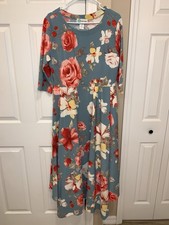 Kervology Midi Dress Plus Size 1X Steel Blue/Grey Multi Floral Pockets NWT