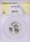 1943-D 25C Washington Quarter Mint State MS65 ANACS