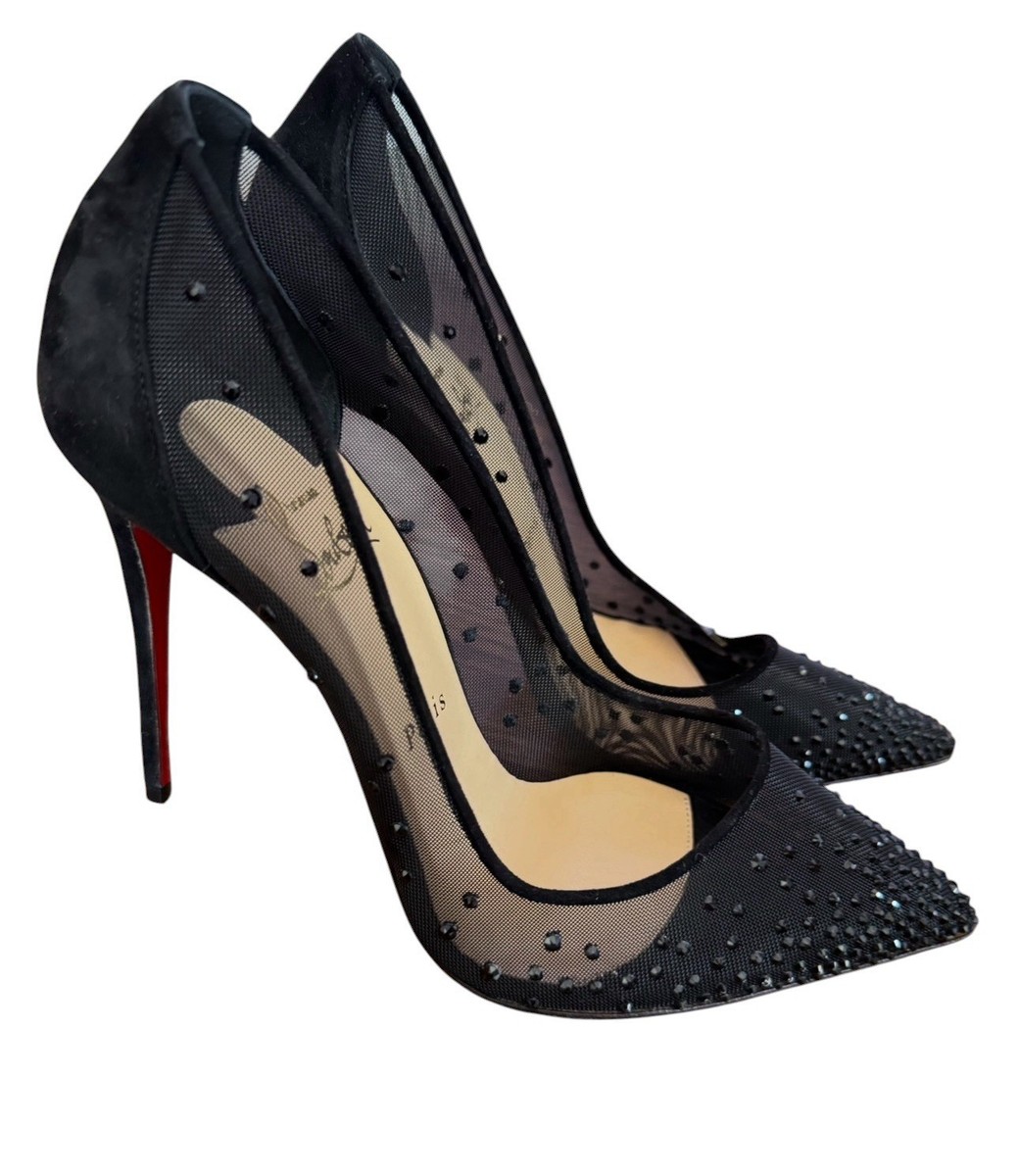 靴 Christian Louboutin Follies Strass 37 Christian Louboutin Follies Strass Black Crystal Mesh Pointed Toe