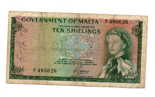 10 SHILLINGS VG BANKNOTE FROM BRITISH MALTA 1963 PICK 25
