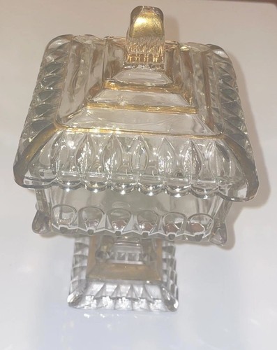 Vtg Jeannette Glass Pedestal Candy Dish & Lid Square Clear w/ Gold Trim