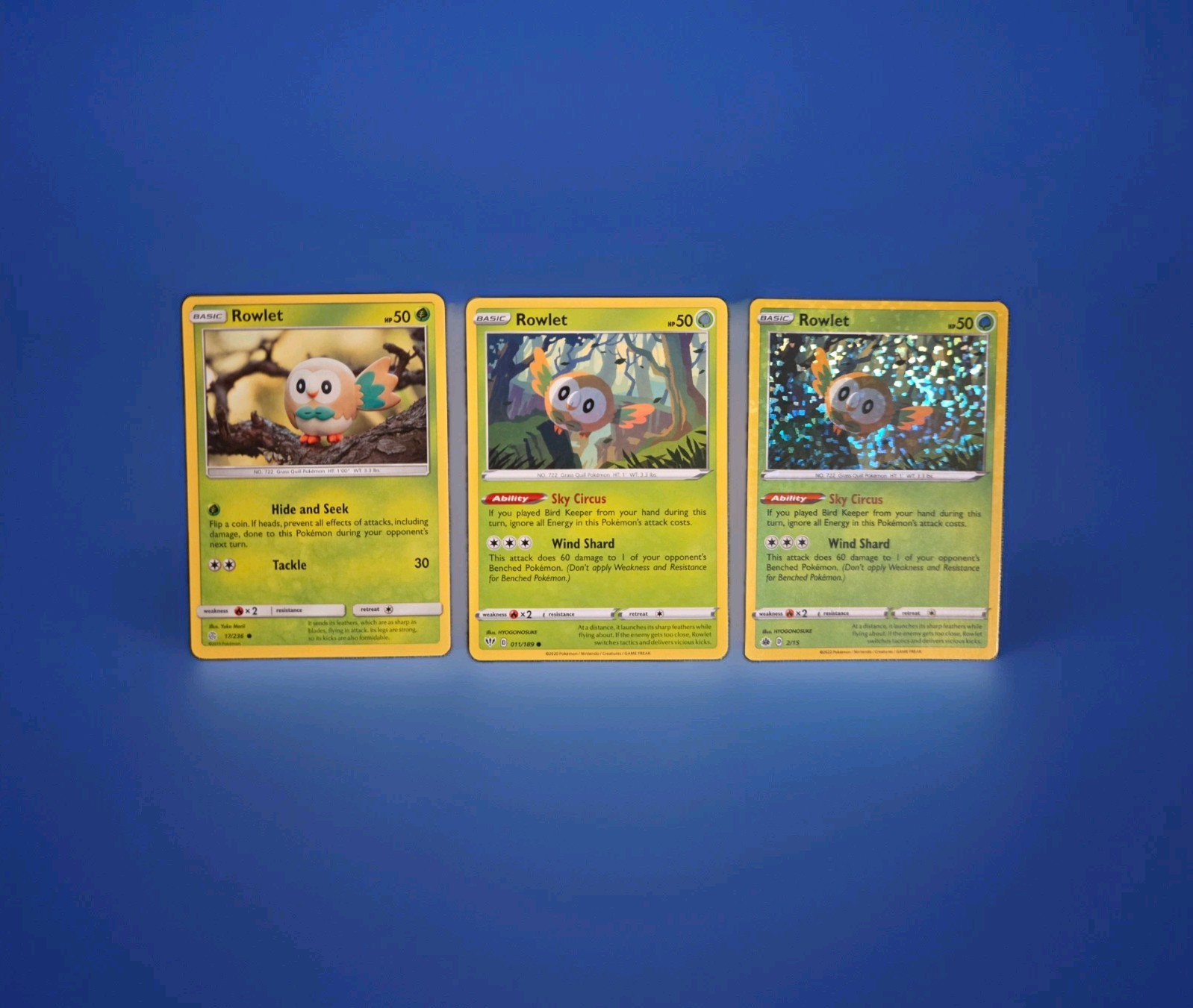 Rowlet 17/236 Cosmic Eclipse + 7/25 McDonald's Holo + 011/189 Pokémon TCG