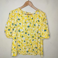 Elodie Women's Floral Blouse Top Size XL Yellow Blue Short Sleeve