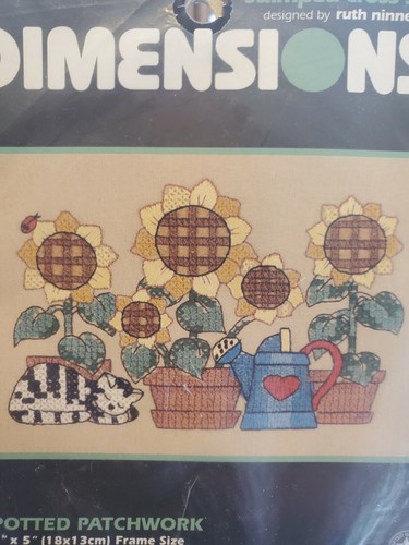 Unopened Dimensions cross stitch kit 1994 potted patchwork 7" x 5" sunflower,cat - Picture 3 of 5