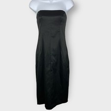 VTG Y2K Express 6 Strapless Dress Wiggle Bodycon Satin Solid Black Midi Pinup