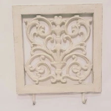 Cast Iron Key Holder Wood Frame 12" Cream Color Scrolls Wall Hanging 